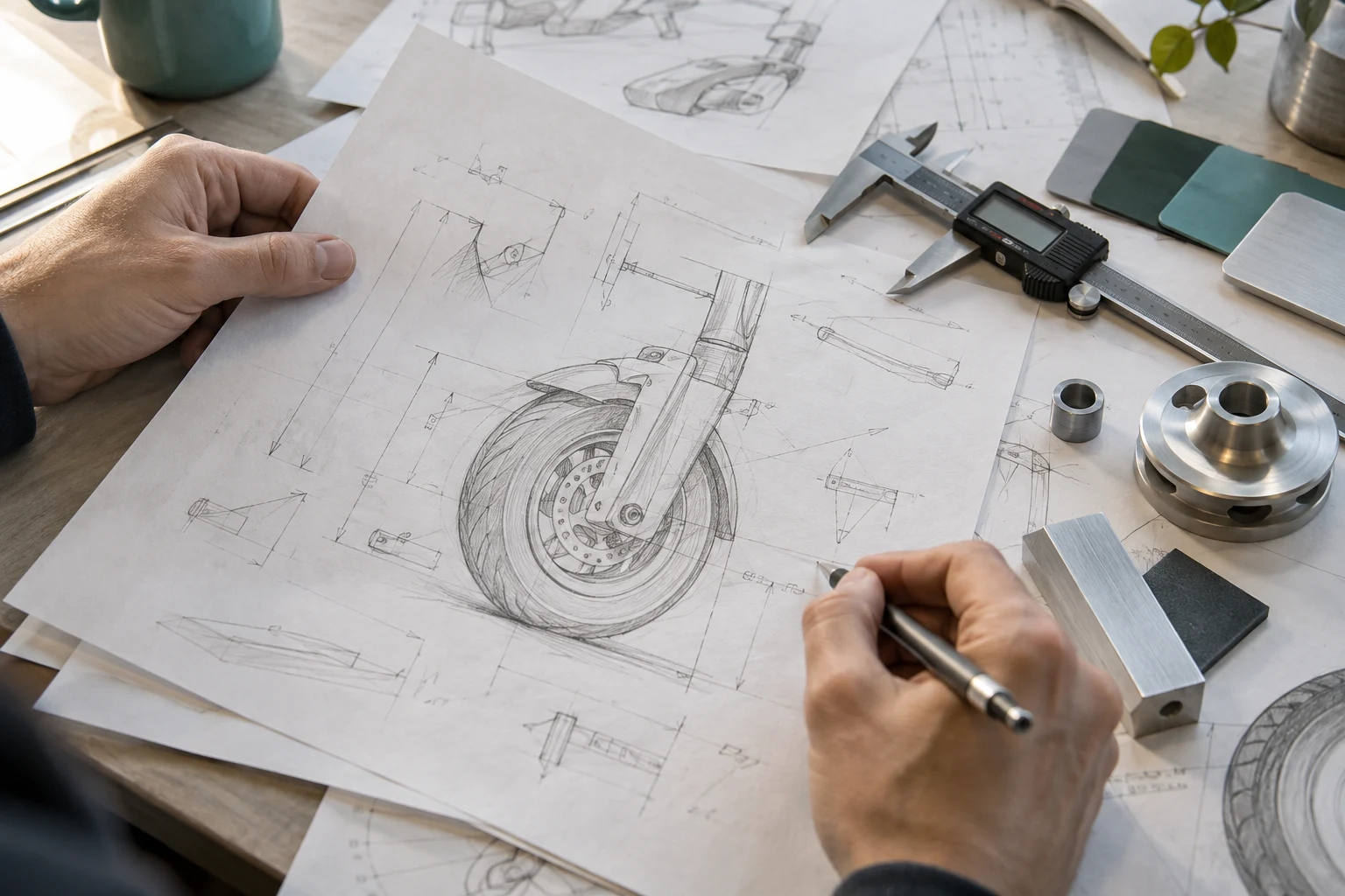 Illustrative design workbench with hands reviewing wheel sketches and material samples