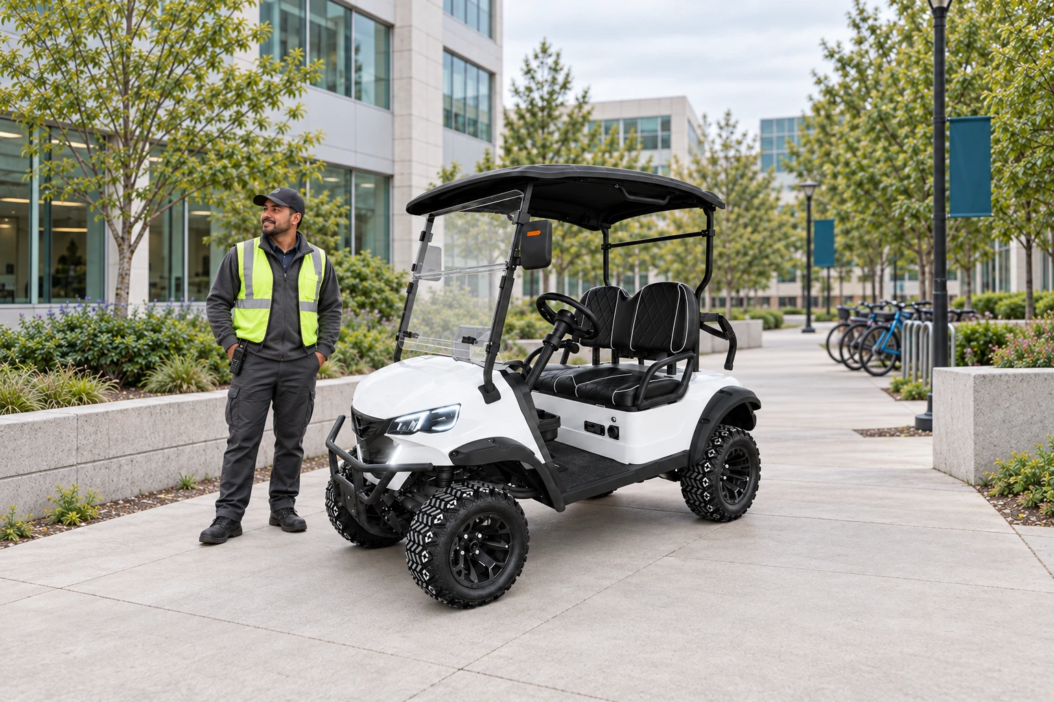 Two-seat BeeMotors golf cart with a facilities worker on a landscaped campus