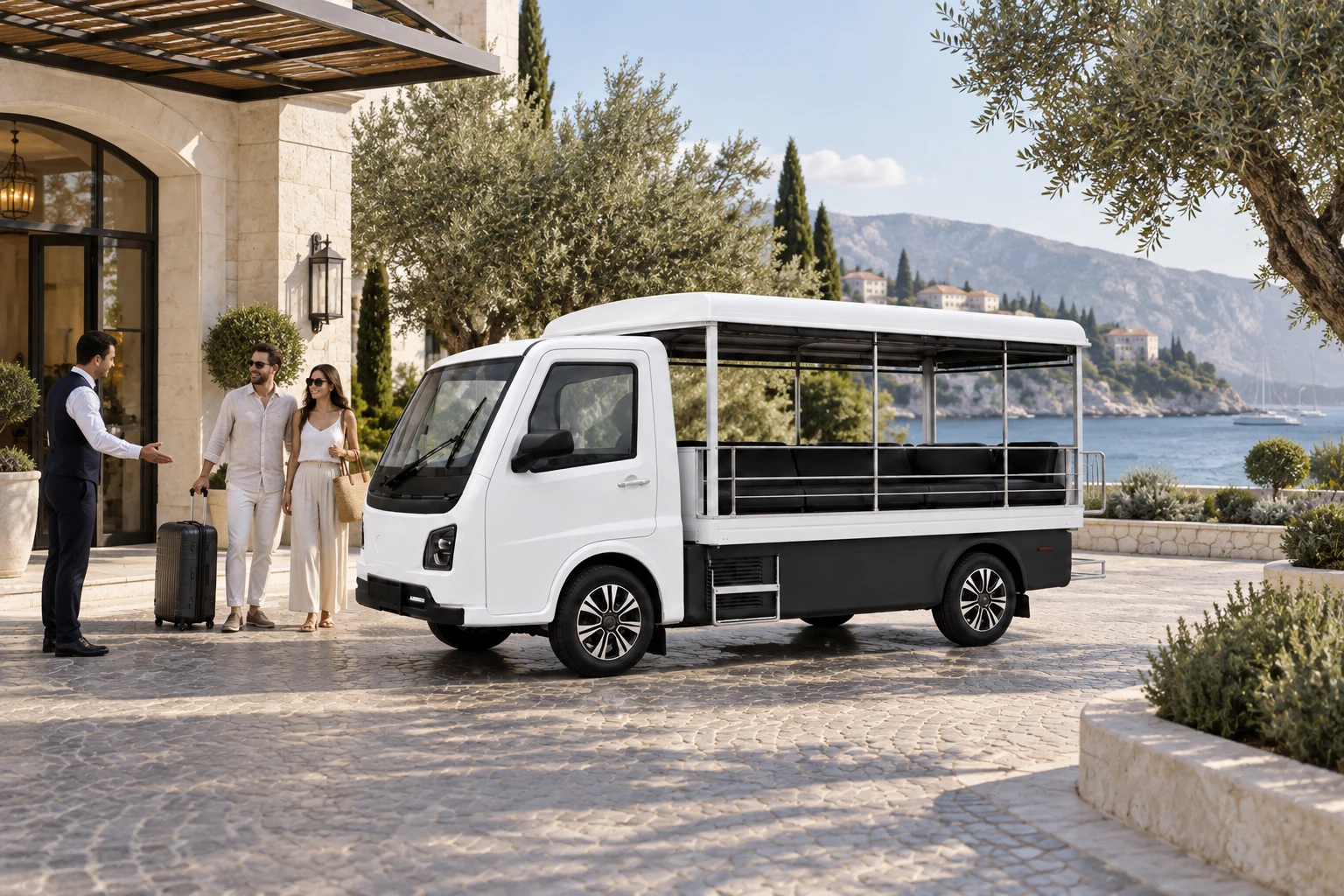 BeeMotors passenger shuttle at a coastal resort arrival court