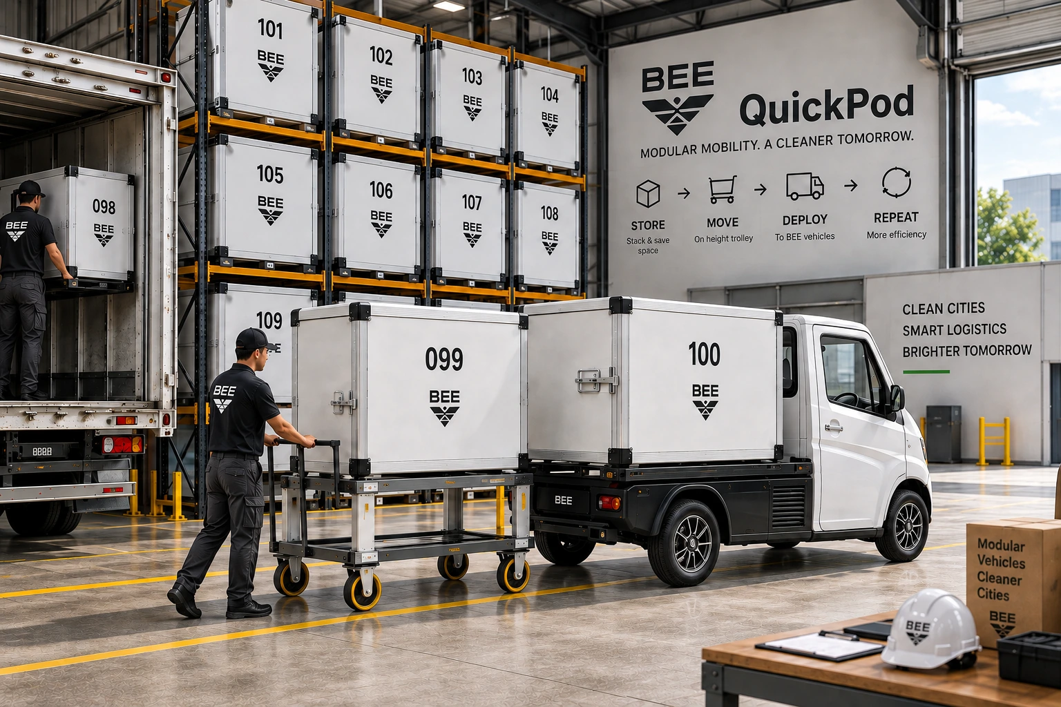 Bee QuickPod cargo boxes stored and transferred to a vehicle inside the warehouse