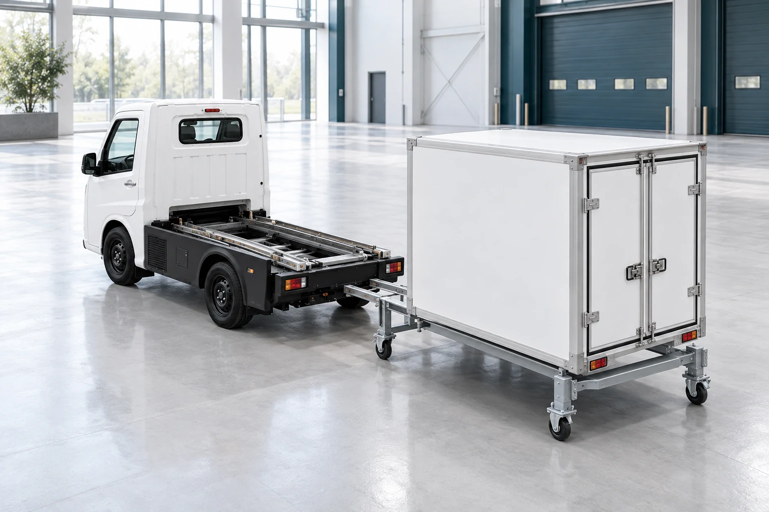 Buzzy Cargo carrier beside its independently supported cargo box — illustrative development concept
